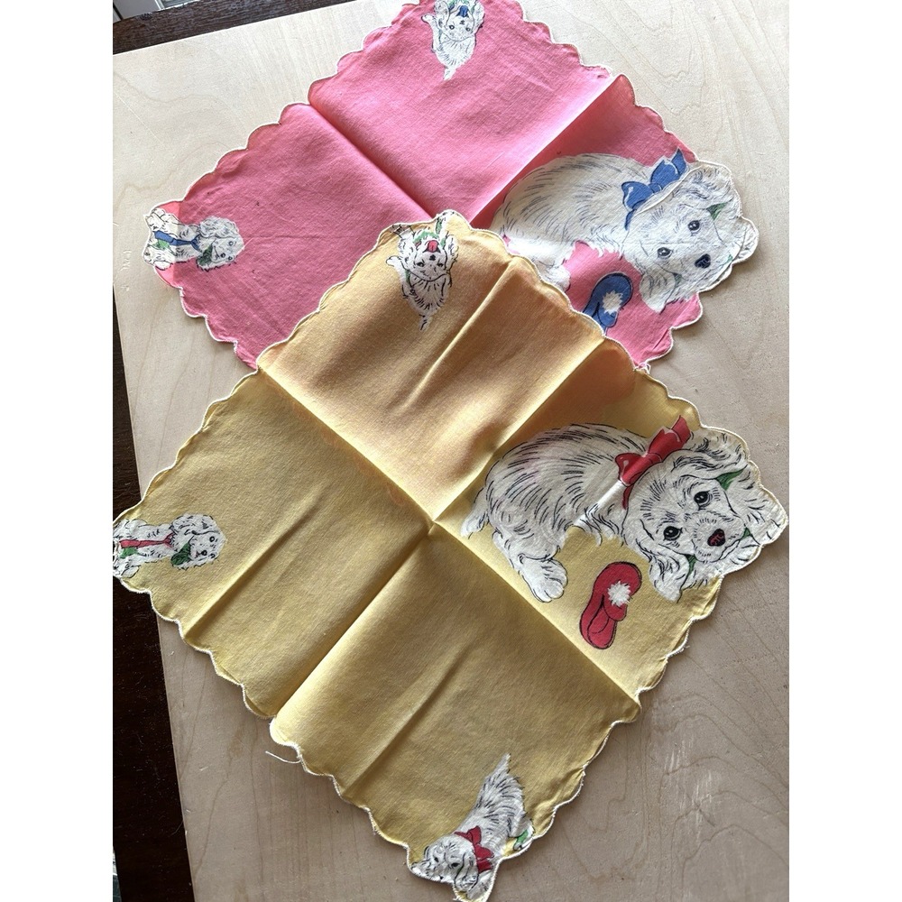 Vtg Dog Puppy Spaniel & Shoe Handkerchief Hankie LOT of 2 Pink Yellow 9 x 10